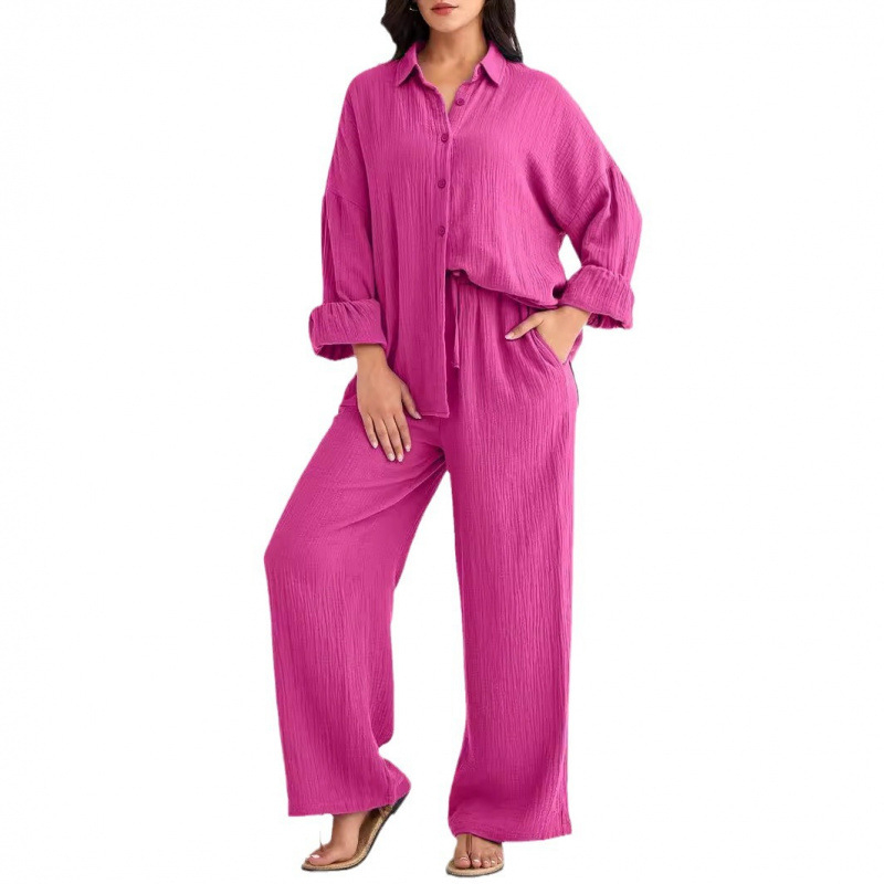 Ženski dvodjelni kostim od pamuka i lana: košulja s dugim rukavom i hlače, jednostavan uzorak