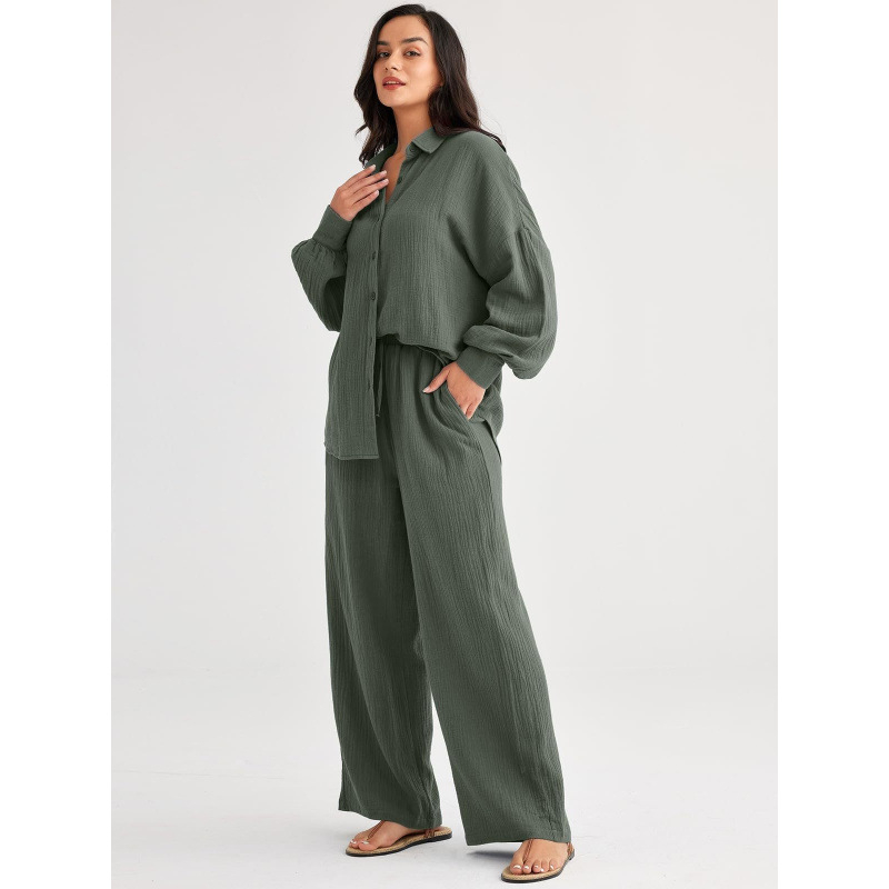 Ženski dvodjelni kostim od pamuka i lana: košulja s dugim rukavom i hlače, jednostavan uzorak