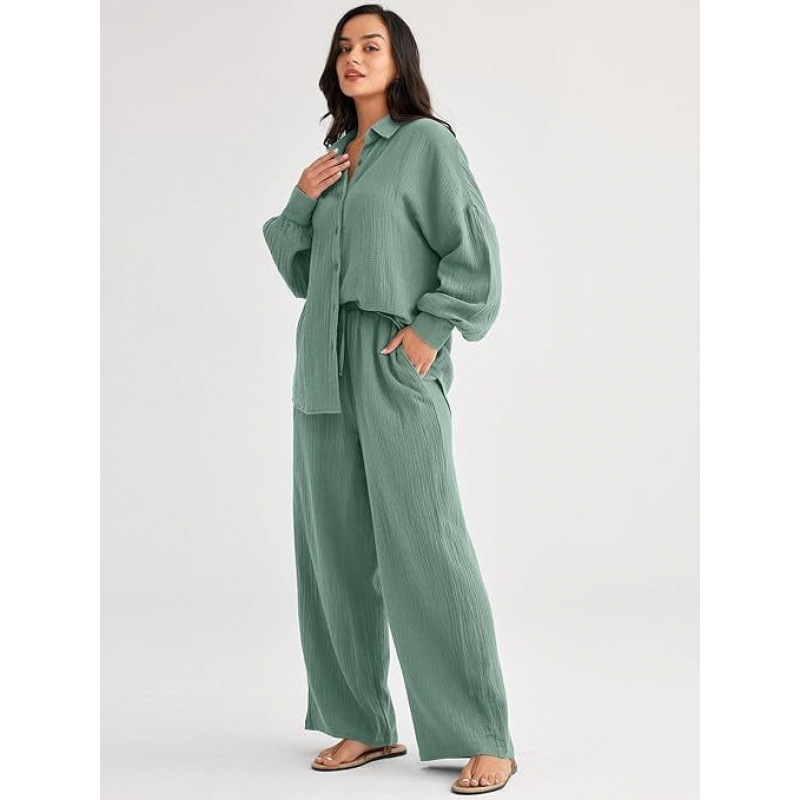 Ženski dvodjelni kostim od pamuka i lana: košulja s dugim rukavom i hlače, jednostavan uzorak
