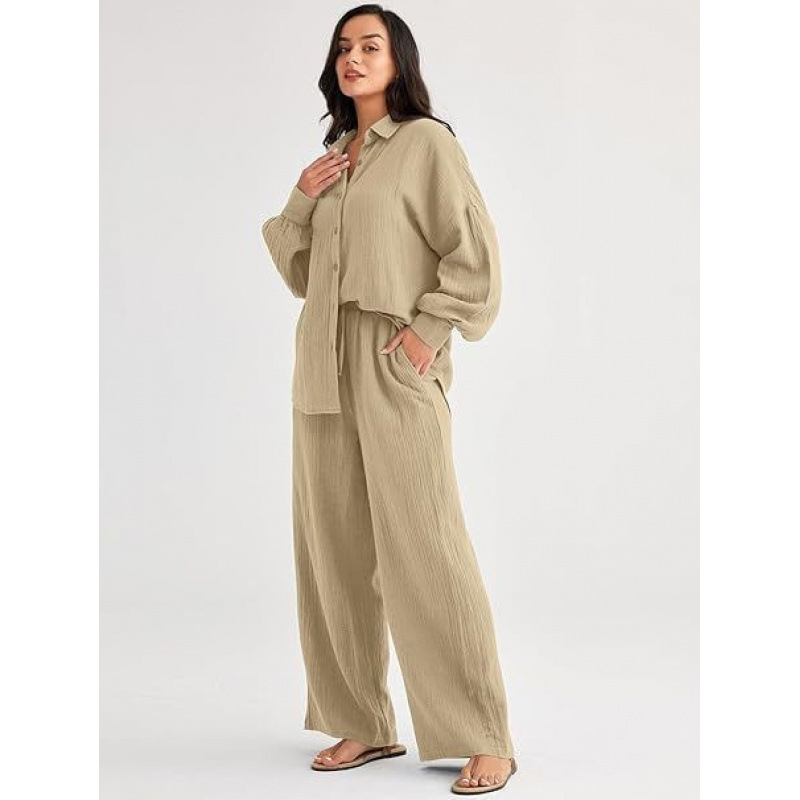 Ženski dvodjelni kostim od pamuka i lana: košulja s dugim rukavom i hlače, jednostavan uzorak
