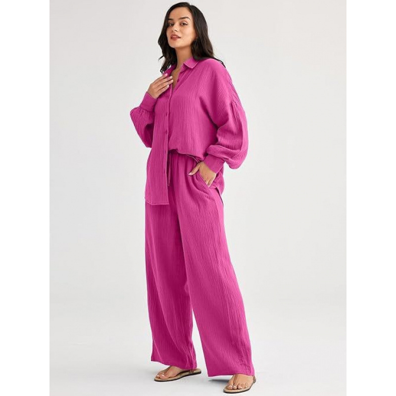 Ženski dvodjelni kostim od pamuka i lana: košulja s dugim rukavom i hlače, jednostavan uzorak