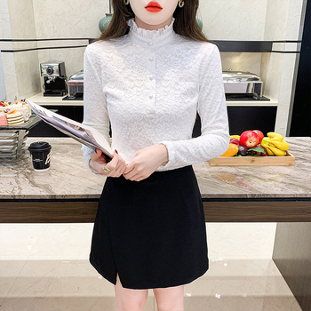 Plus dydžio aukšto kaklo nėrinių bazinis topas su fliso įdaila, ilgos rankovės, rudens–žiemos sezonui