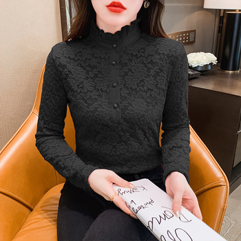 Plus dydžio aukšto kaklo nėrinių bazinis topas su fliso įdaila, ilgos rankovės, rudens–žiemos sezonui