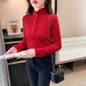 Plus dydžio aukšto kaklo nėrinių bazinis topas su fliso įdaila, ilgos rankovės, rudens–žiemos sezonui