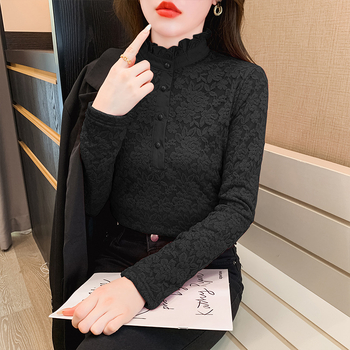 Plus dydžio aukšto kaklo nėrinių bazinis topas su fliso įdaila, ilgos rankovės, rudens–žiemos sezonui