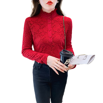 Plus dydžio aukšto kaklo nėrinių bazinis topas su fliso įdaila, ilgos rankovės, rudens–žiemos sezonui