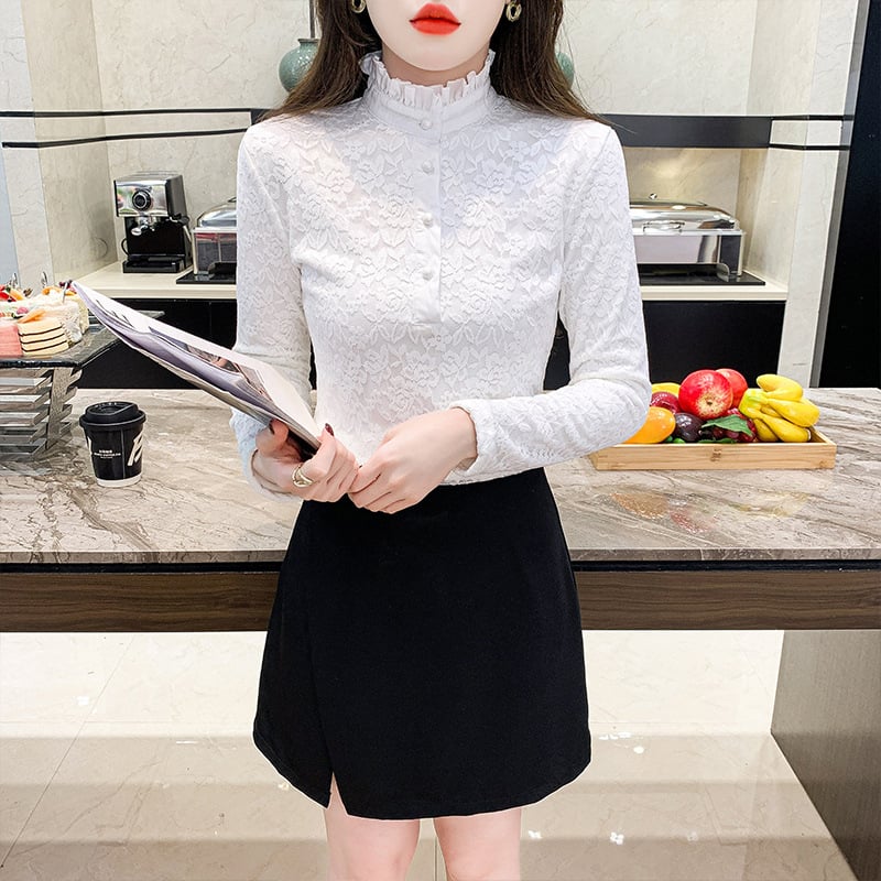 Plus dydžio aukšto kaklo nėrinių bazinis topas su fliso įdaila, ilgos rankovės, rudens–žiemos sezonui