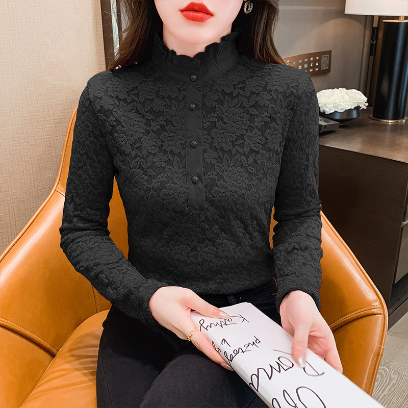 Plus dydžio aukšto kaklo nėrinių bazinis topas su fliso įdaila, ilgos rankovės, rudens–žiemos sezonui