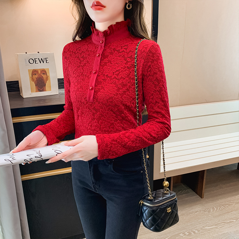 Plus dydžio aukšto kaklo nėrinių bazinis topas su fliso įdaila, ilgos rankovės, rudens–žiemos sezonui