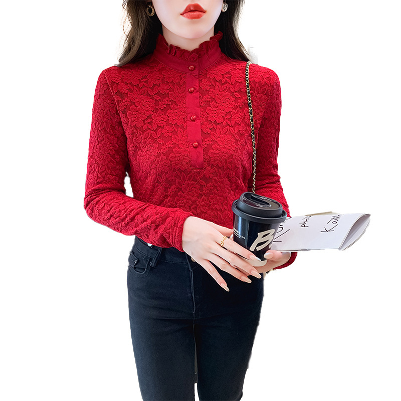 Plus dydžio aukšto kaklo nėrinių bazinis topas su fliso įdaila, ilgos rankovės, rudens–žiemos sezonui