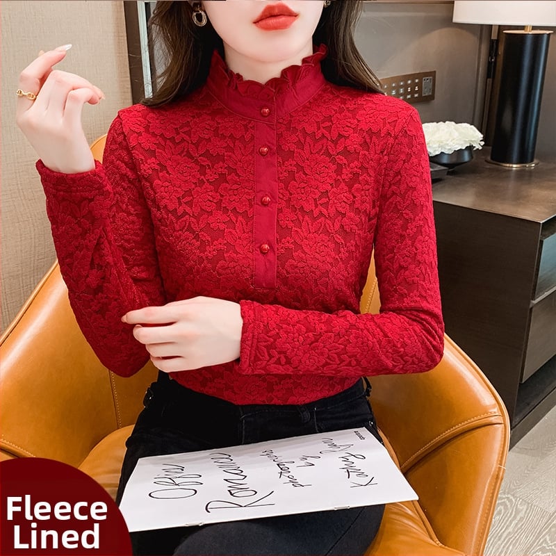 Plus dydžio aukšto kaklo nėrinių bazinis topas su fliso įdaila, ilgos rankovės, rudens–žiemos sezonui