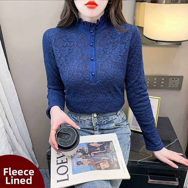 Plus dydžio aukšto kaklo nėrinių bazinis topas su fliso įdaila, ilgos rankovės, rudens–žiemos sezonui