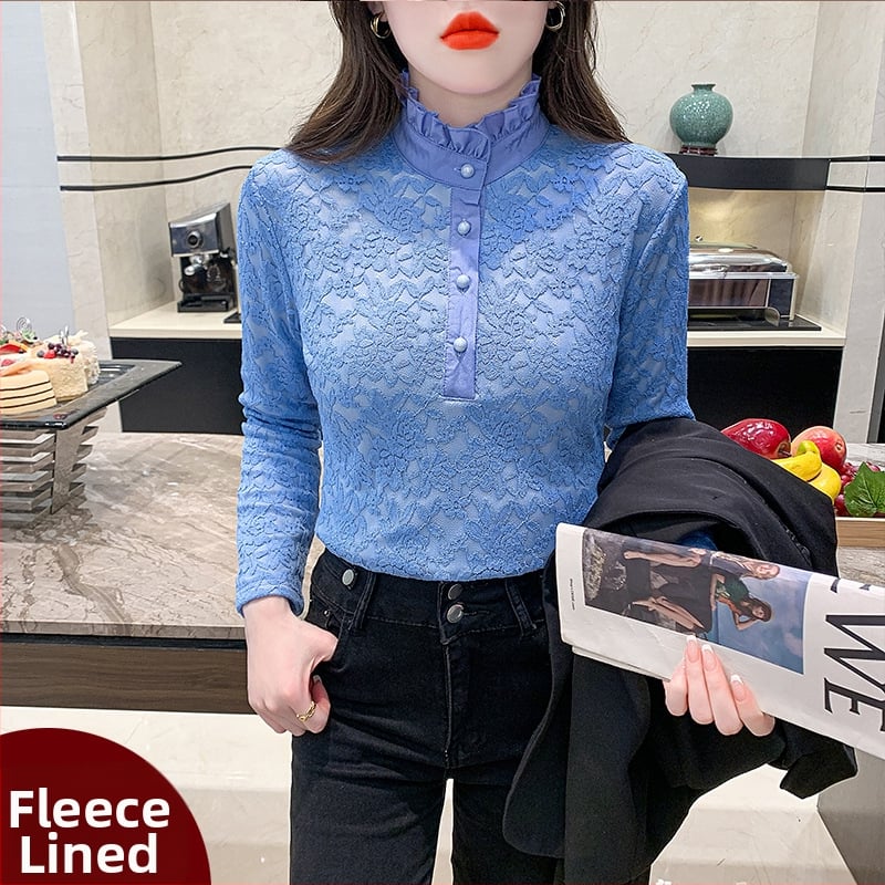 Plus dydžio aukšto kaklo nėrinių bazinis topas su fliso įdaila, ilgos rankovės, rudens–žiemos sezonui