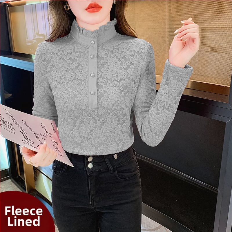 Plus dydžio aukšto kaklo nėrinių bazinis topas su fliso įdaila, ilgos rankovės, rudens–žiemos sezonui