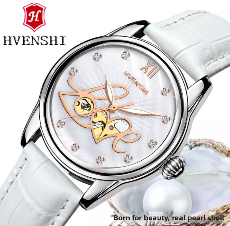 Ženski automatski sat – Swiss ETA S037 mehanizam, vodootporan do 50m, brojčanik od bisernog perlata, kožni remen