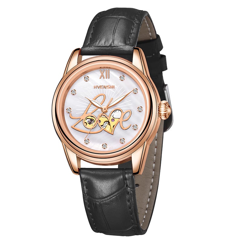 Ženski automatski sat – Swiss ETA S037 mehanizam, vodootporan do 50m, brojčanik od bisernog perlata, kožni remen