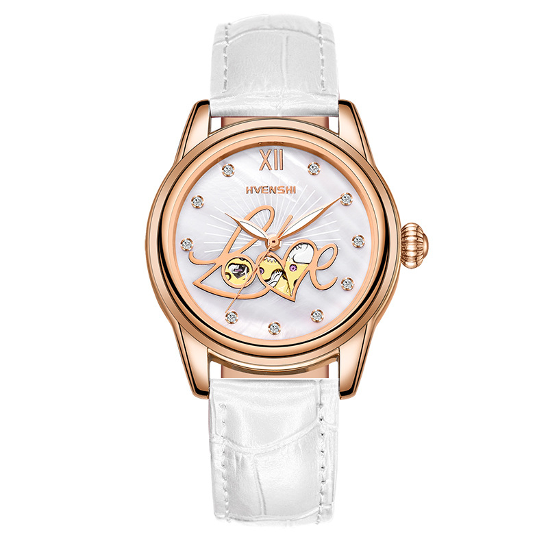 Ženski automatski sat – Swiss ETA S037 mehanizam, vodootporan do 50m, brojčanik od bisernog perlata, kožni remen