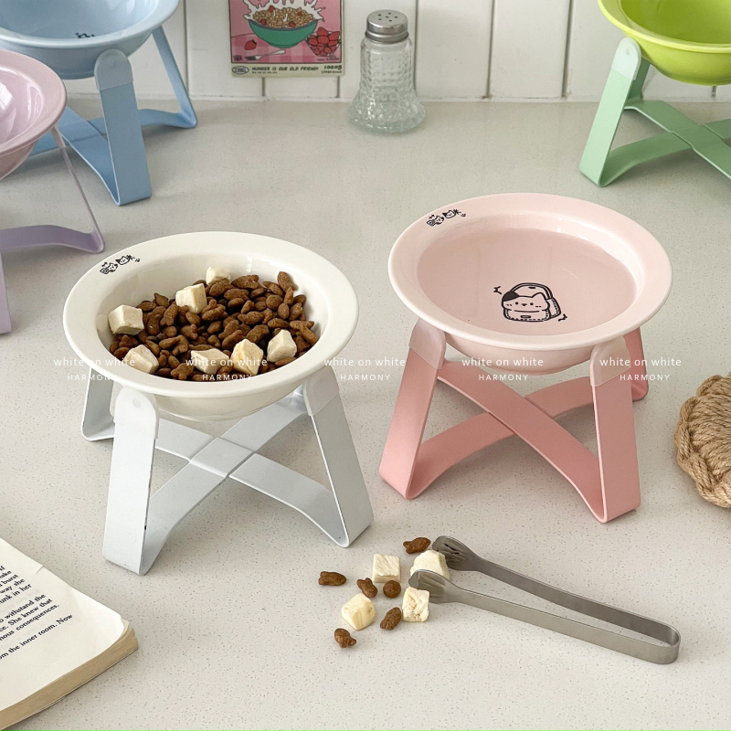 Κεραμικά μπολ γάτας για φαγητό και νερό σε ανυψωμένο πλαίσιο με μεταλλική βάση, αυτόματη τροφοδοσία