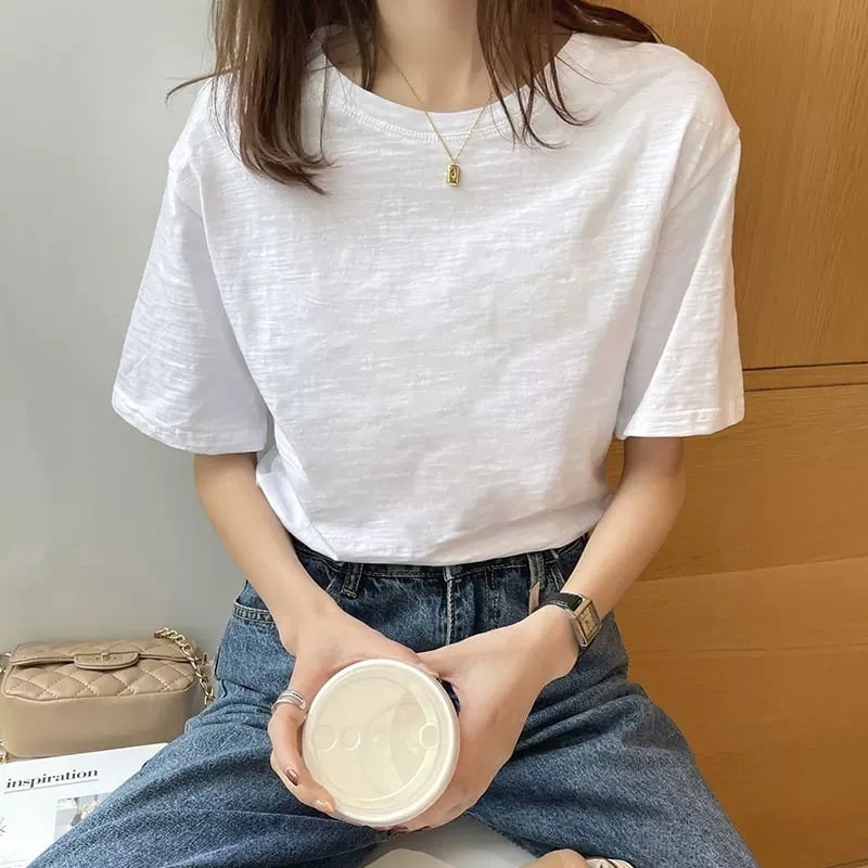 Тениска от slub памук с къси ръкави, женска, свободна кройка, 95%+ памук, кръгло деколте, летна колекция 2025