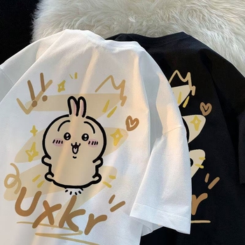 Памучна тениска с кръгло деколте, къс ръкав, аниме принт, ежедневен стил