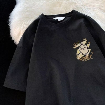 Памучна тениска с кръгло деколте, къс ръкав, аниме принт, ежедневен стил