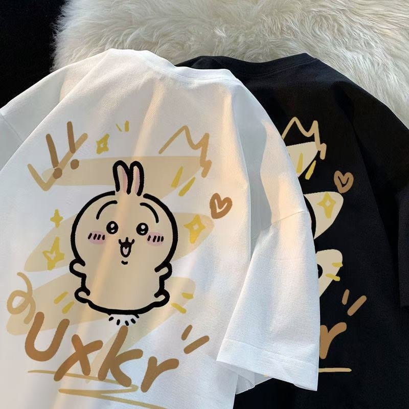 Памучна тениска с кръгло деколте, къс ръкав, аниме принт, ежедневен стил