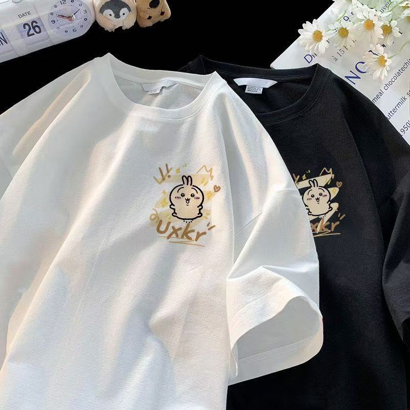 Памучна тениска с кръгло деколте, къс ръкав, аниме принт, ежедневен стил