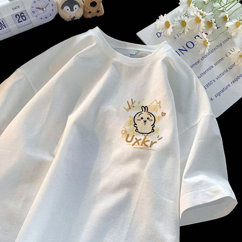 Памучна тениска с кръгло деколте, къс ръкав, аниме принт, ежедневен стил