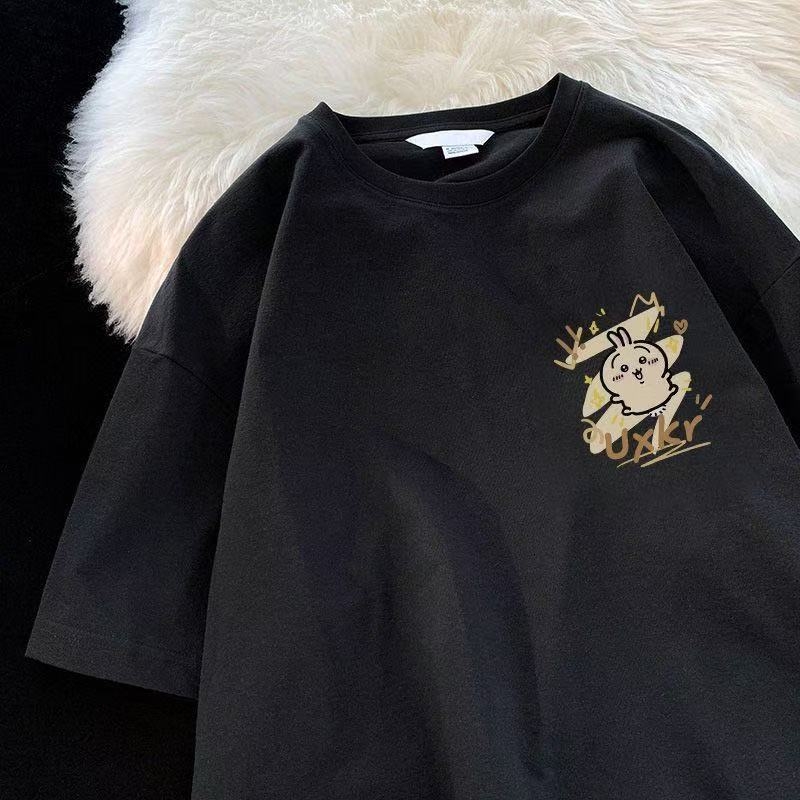 Памучна тениска с кръгло деколте, къс ръкав, аниме принт, ежедневен стил