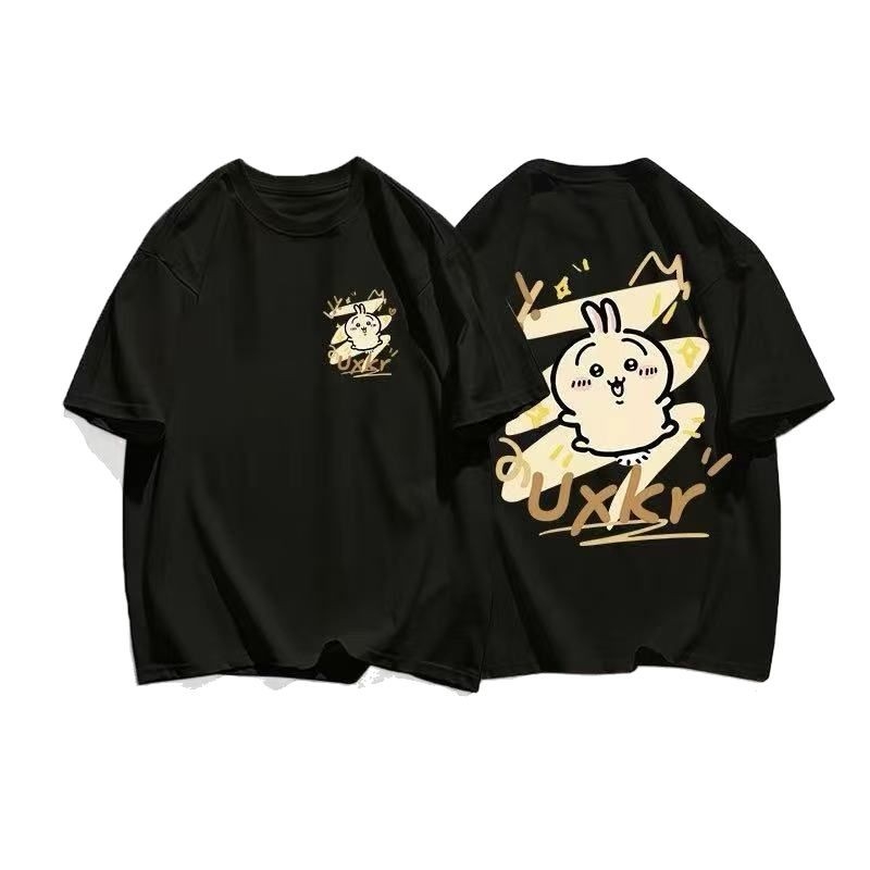 Памучна тениска с кръгло деколте, къс ръкав, аниме принт, ежедневен стил