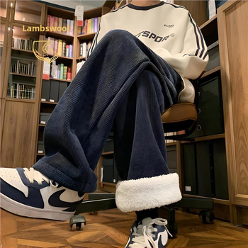 Vīriešu ziemas kordūrijas bikses ar fleece oderi, biezas, taisns piegriezums, ar jostu (corduroja audums; poliestera maisījums; fleece oderes; pret vēju; ziemas model)