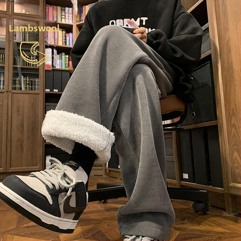 Vīriešu ziemas kordūrijas bikses ar fleece oderi, biezas, taisns piegriezums, ar jostu (corduroja audums; poliestera maisījums; fleece oderes; pret vēju; ziemas model)