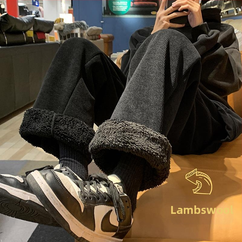 Vīriešu ziemas kordūrijas bikses ar fleece oderi, biezas, taisns piegriezums, ar jostu (corduroja audums; poliestera maisījums; fleece oderes; pret vēju; ziemas model)