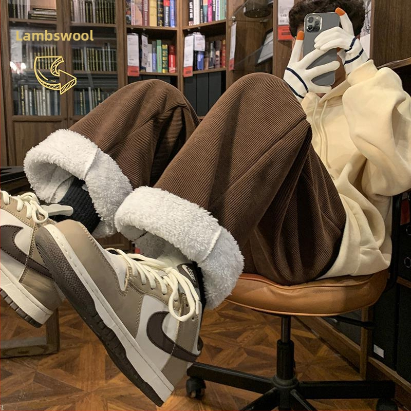 Vīriešu ziemas kordūrijas bikses ar fleece oderi, biezas, taisns piegriezums, ar jostu (corduroja audums; poliestera maisījums; fleece oderes; pret vēju; ziemas model)