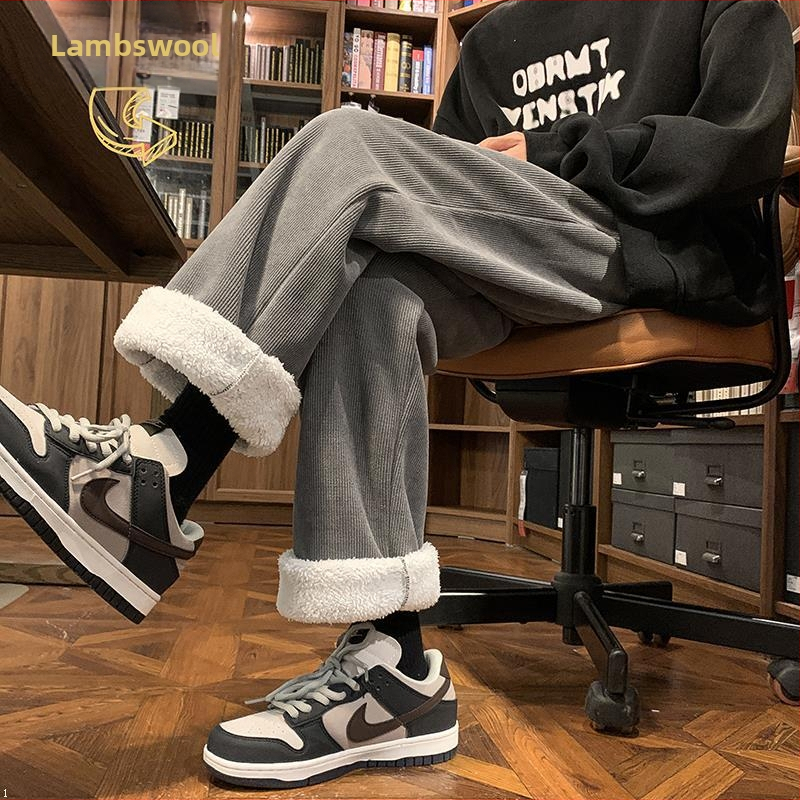 Vīriešu ziemas kordūrijas bikses ar fleece oderi, biezas, taisns piegriezums, ar jostu (corduroja audums; poliestera maisījums; fleece oderes; pret vēju; ziemas model)