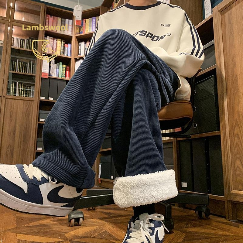 Vīriešu ziemas kordūrijas bikses ar fleece oderi, biezas, taisns piegriezums, ar jostu (corduroja audums; poliestera maisījums; fleece oderes; pret vēju; ziemas model)