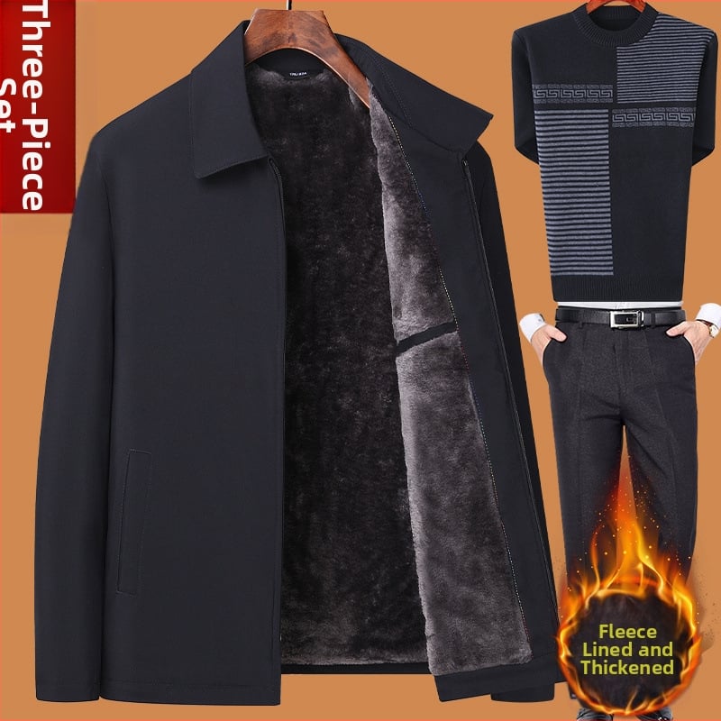 Téli pamut kabát fleece béléssel, vastított kivitel; elülső cipzár; rever gallér; középmagas hossz; idős férfiak számára
