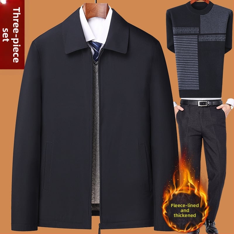 Téli pamut kabát fleece béléssel, vastított kivitel; elülső cipzár; rever gallér; középmagas hossz; idős férfiak számára