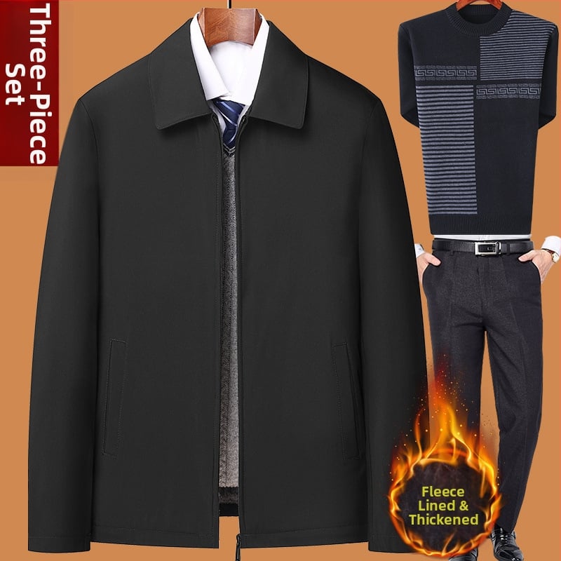 Téli pamut kabát fleece béléssel, vastított kivitel; elülső cipzár; rever gallér; középmagas hossz; idős férfiak számára