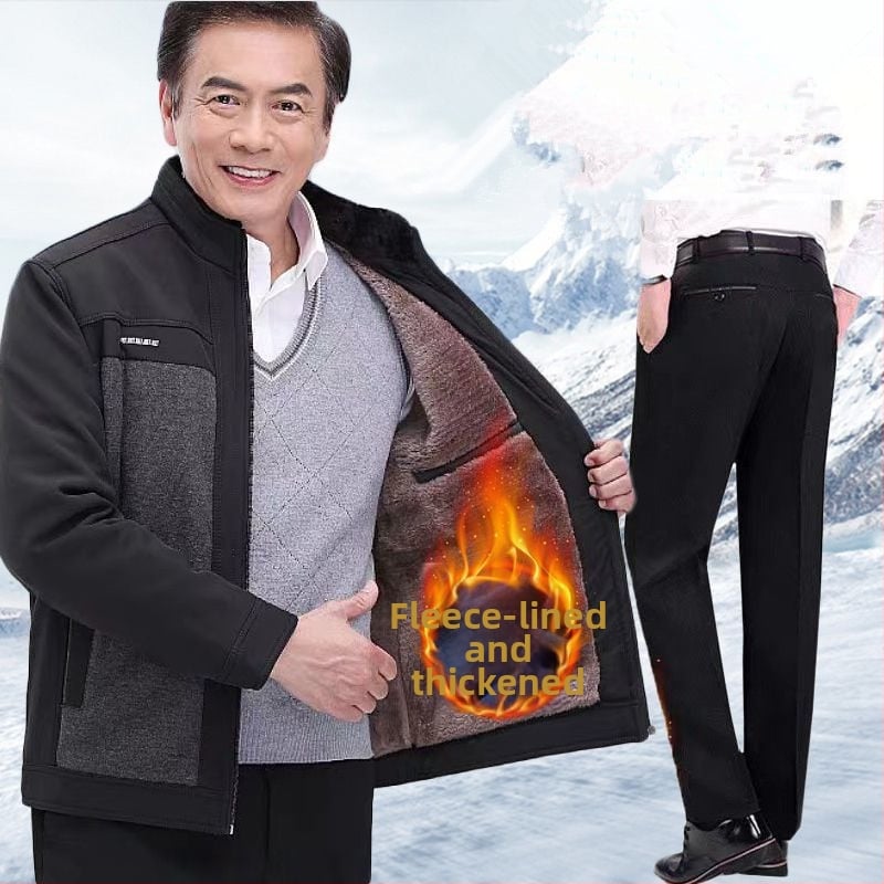 Téli pamut kabát fleece béléssel, vastított kivitel; elülső cipzár; rever gallér; középmagas hossz; idős férfiak számára