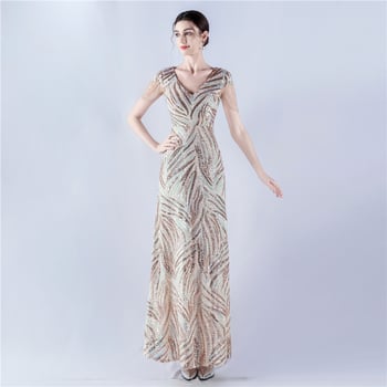 Õhtukleit A-tüüpi silueti ja pailettide tikandiga (A-tüüpi, pikk seelik, V-kaelus, vertikaalne helmimuster)