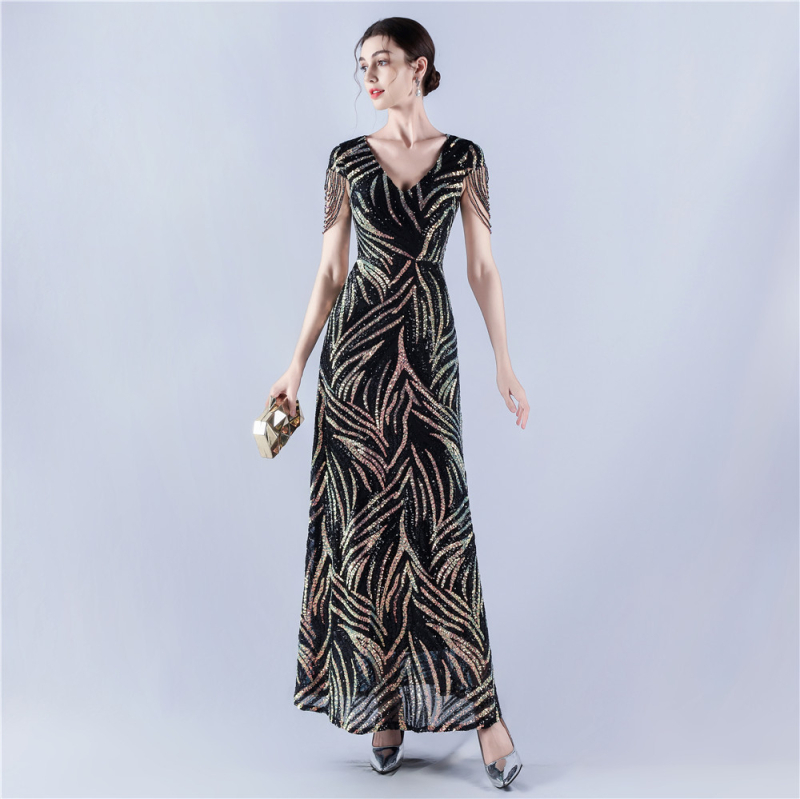 Õhtukleit A-tüüpi silueti ja pailettide tikandiga (A-tüüpi, pikk seelik, V-kaelus, vertikaalne helmimuster)