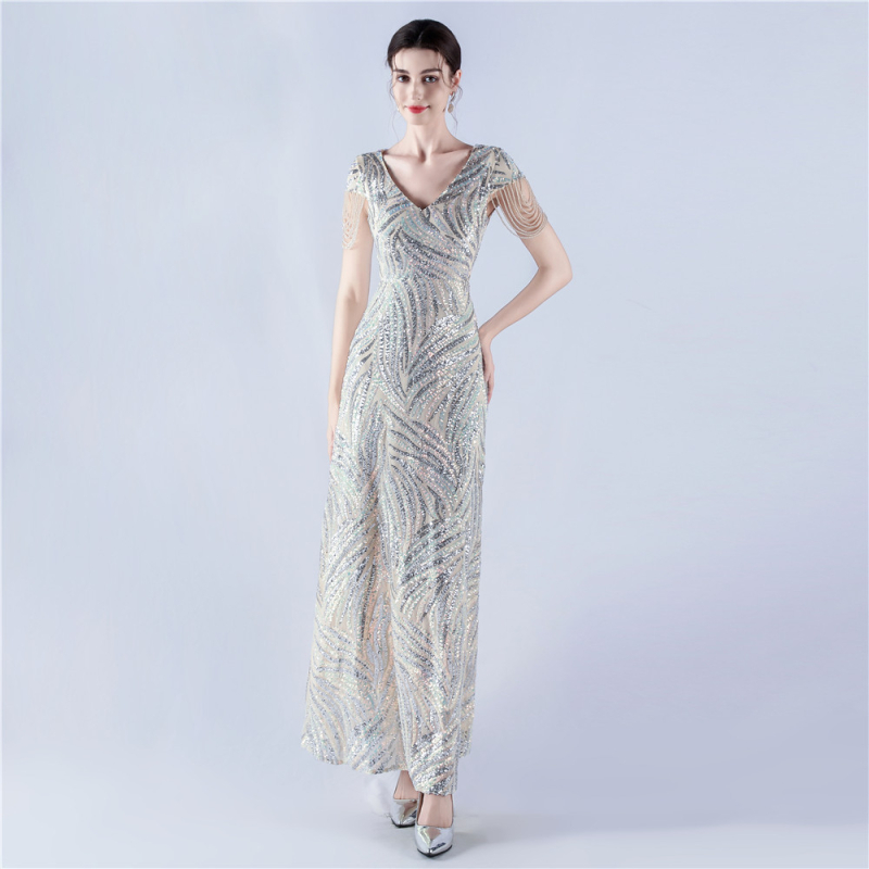 Õhtukleit A-tüüpi silueti ja pailettide tikandiga (A-tüüpi, pikk seelik, V-kaelus, vertikaalne helmimuster)