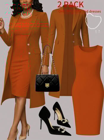 Elegantiškas dviejų dalių kostiumas: švarko be apykaklės su reguliuojamomis rankovėmis + be rankovių midi suknelė, poliesteris, Europos ir Amerikos stilius, ruduo 2025