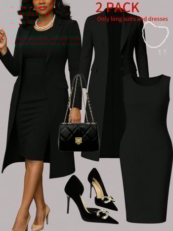 Elegantiškas dviejų dalių kostiumas: švarko be apykaklės su reguliuojamomis rankovėmis + be rankovių midi suknelė, poliesteris, Europos ir Amerikos stilius, ruduo 2025