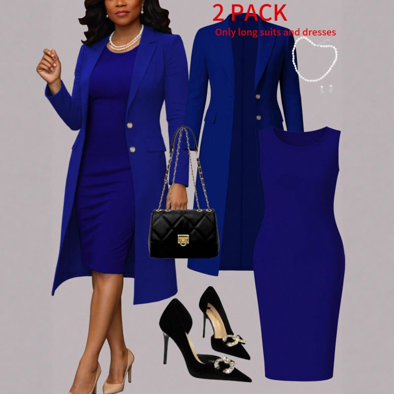 Elegantiškas dviejų dalių kostiumas: švarko be apykaklės su reguliuojamomis rankovėmis + be rankovių midi suknelė, poliesteris, Europos ir Amerikos stilius, ruduo 2025