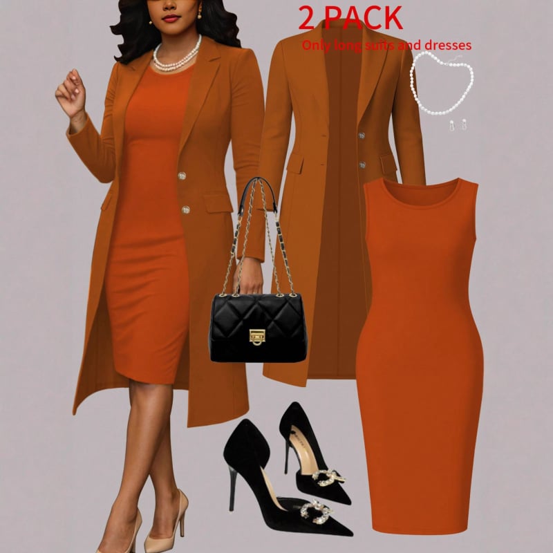 Elegantiškas dviejų dalių kostiumas: švarko be apykaklės su reguliuojamomis rankovėmis + be rankovių midi suknelė, poliesteris, Europos ir Amerikos stilius, ruduo 2025