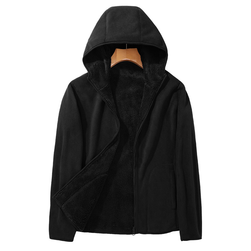 Unisex fleece jaka ar kapuci, polārā vilnas audums, iekšējā korāla velūrs, vienkrāsains modelis