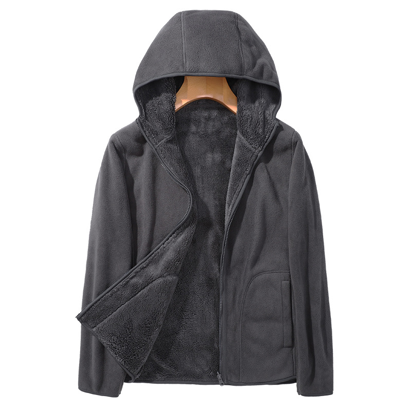 Unisex fleece jaka ar kapuci, polārā vilnas audums, iekšējā korāla velūrs, vienkrāsains modelis