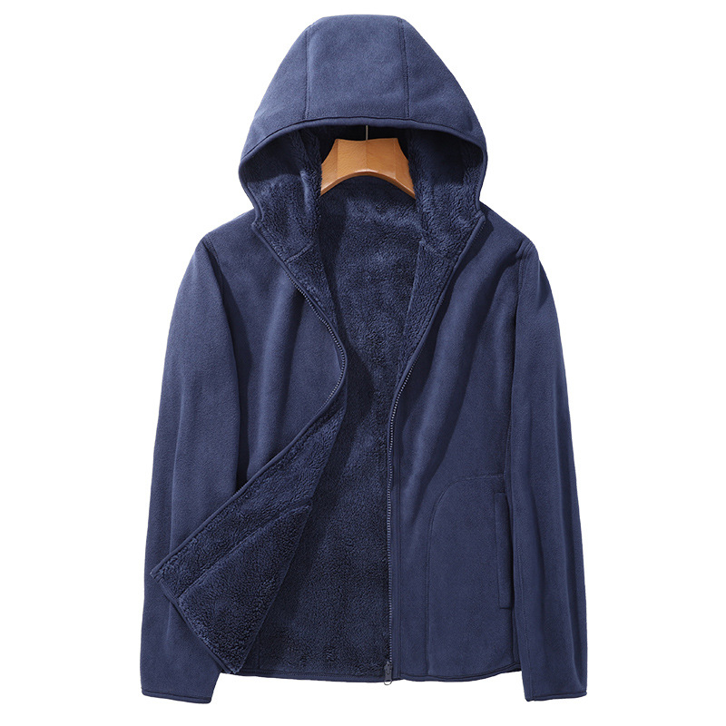 Unisex fleece jaka ar kapuci, polārā vilnas audums, iekšējā korāla velūrs, vienkrāsains modelis